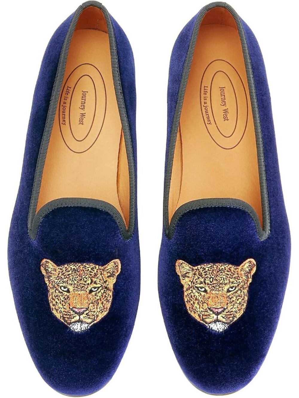 Journey West Men's Leopard Navy Blue Round Toe Tuxedo Embroidery Velvet Loafers